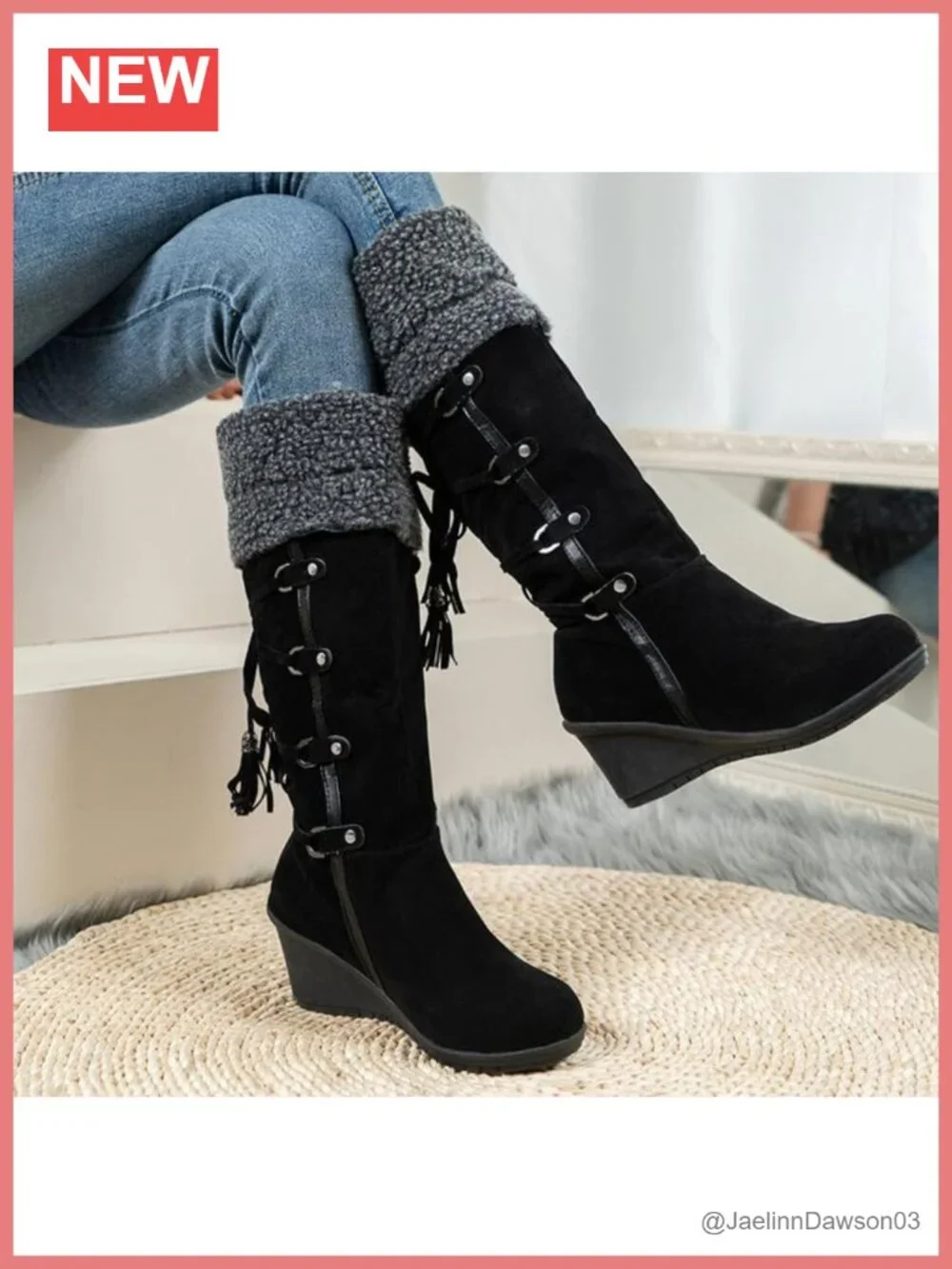 Fuzzy Collar Over the Knee Wedge Boots, Faux Fur Lined, Non-slip Snow Boots